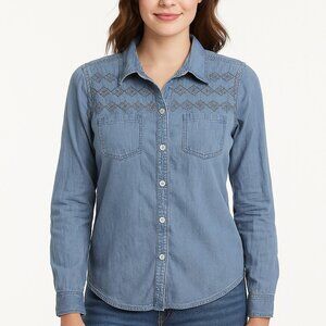 Sonoma Women’s Denim Chambray Shirt-Large-Blue Cotton Long Sleeve-A026